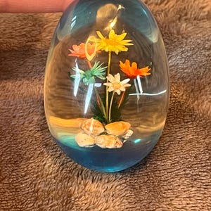 Vintage Lucite Egg Paperweight with Dried Flowers & Seashells