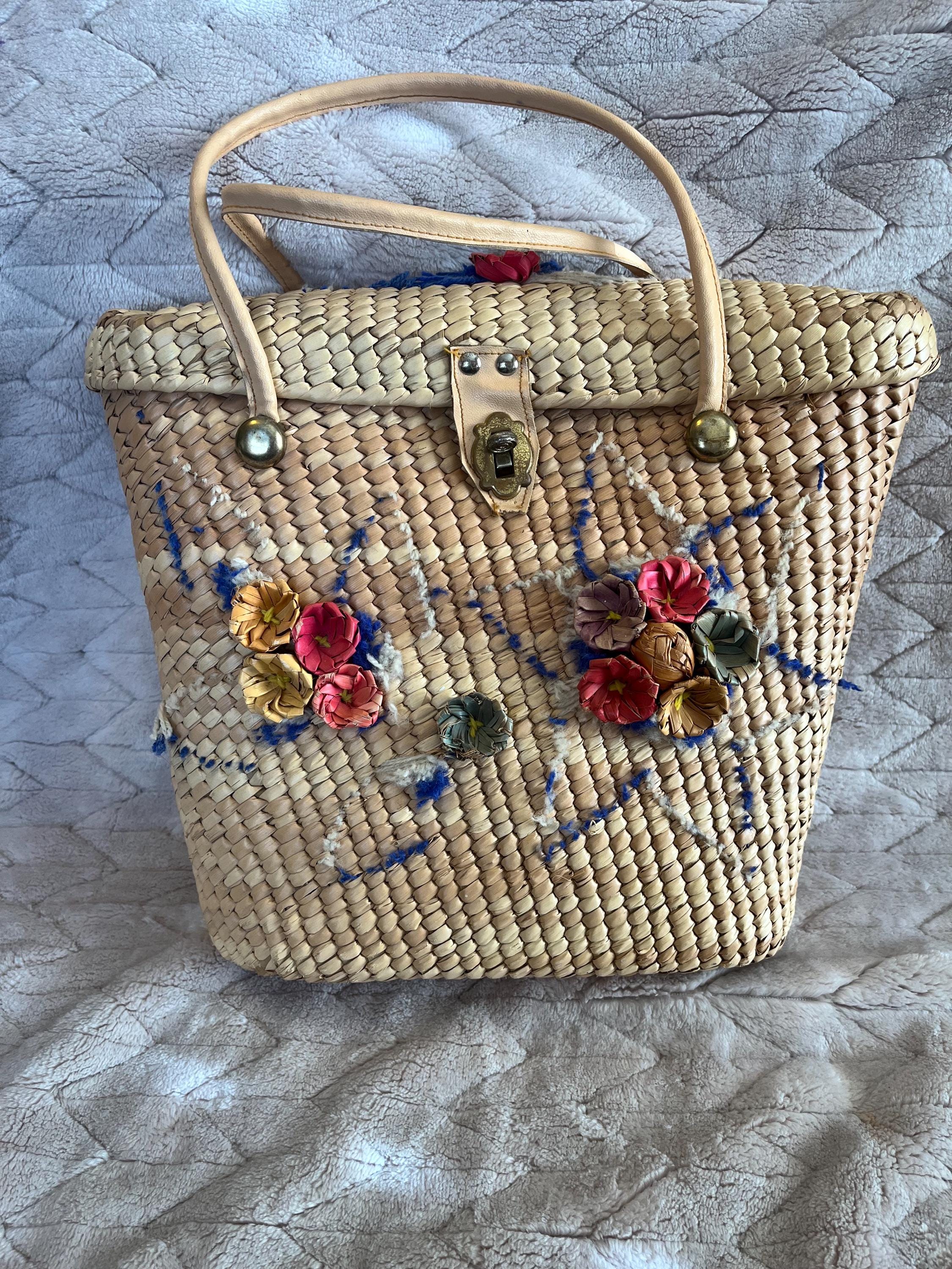 Vintage 1960s Straw Bucket Bag, Embroidered Floral Detail Tote Purse - Etsy