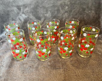 8 Vintage Libbey Strawberry Blossoms Drinking Glasses Tumbler Strawberries 16oz