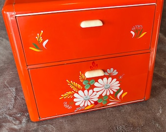 Caja metálica vintage Ransburg para pan y pasteles – Almacenamiento de ramos florales rojos y naranjas