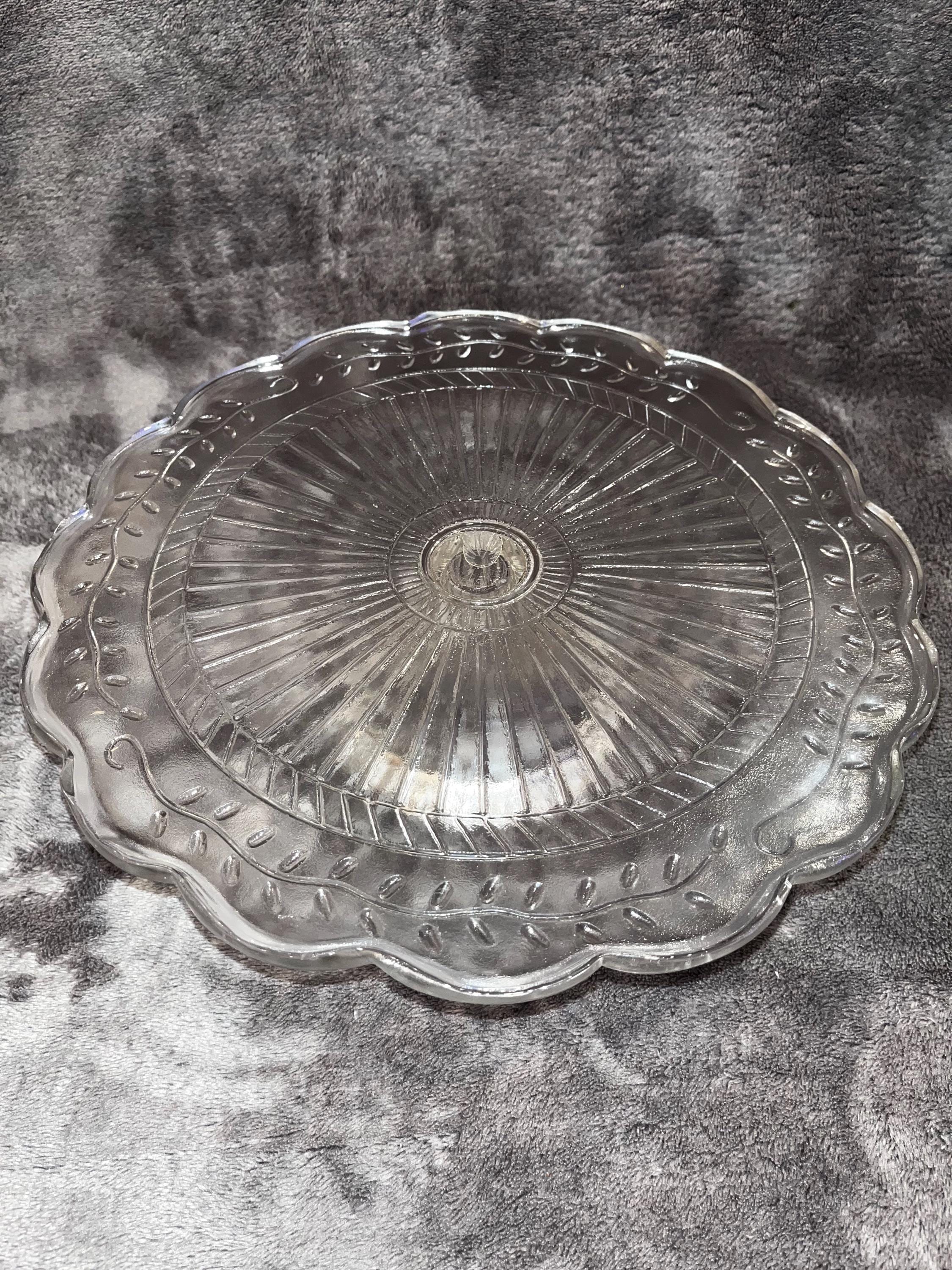 Vintage Glass Cake Stand: Leaf Pattern Pedestal Plate