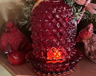 Vintage Ruby Red Glass...Brooke Quilt and Hobnail with base style A.