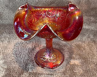 vintage Fenton Persian Medallion carnival glass compote in a red amberina color