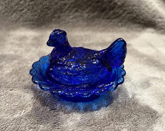 Mosser Glass Cobalt Mini Hen on Nest - Ruffled Edge Salt Cellar / Trinket Box
