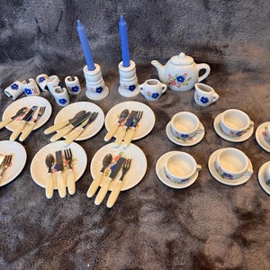 Vintage Strombecker Porcelain Doll Tea Set, Floral Blue Pink Candelabra
