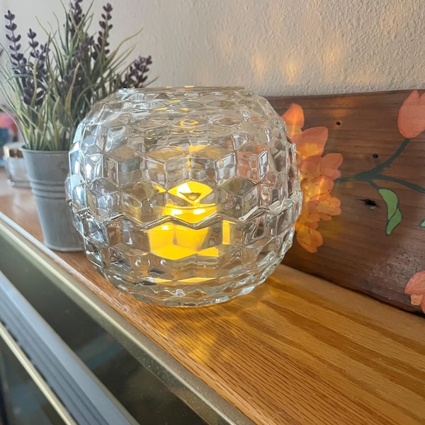 Vintage Cubist Faceted Glass Globe Fairy Light Tea Lamp Votive Candle Holder with insert