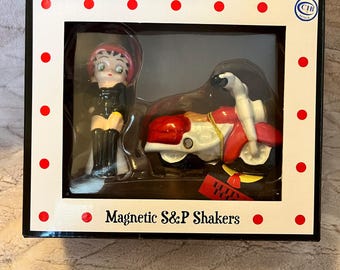 Betty Boop and Motorcycle Magnetic Salt and Pepper Shakers are a collectible set