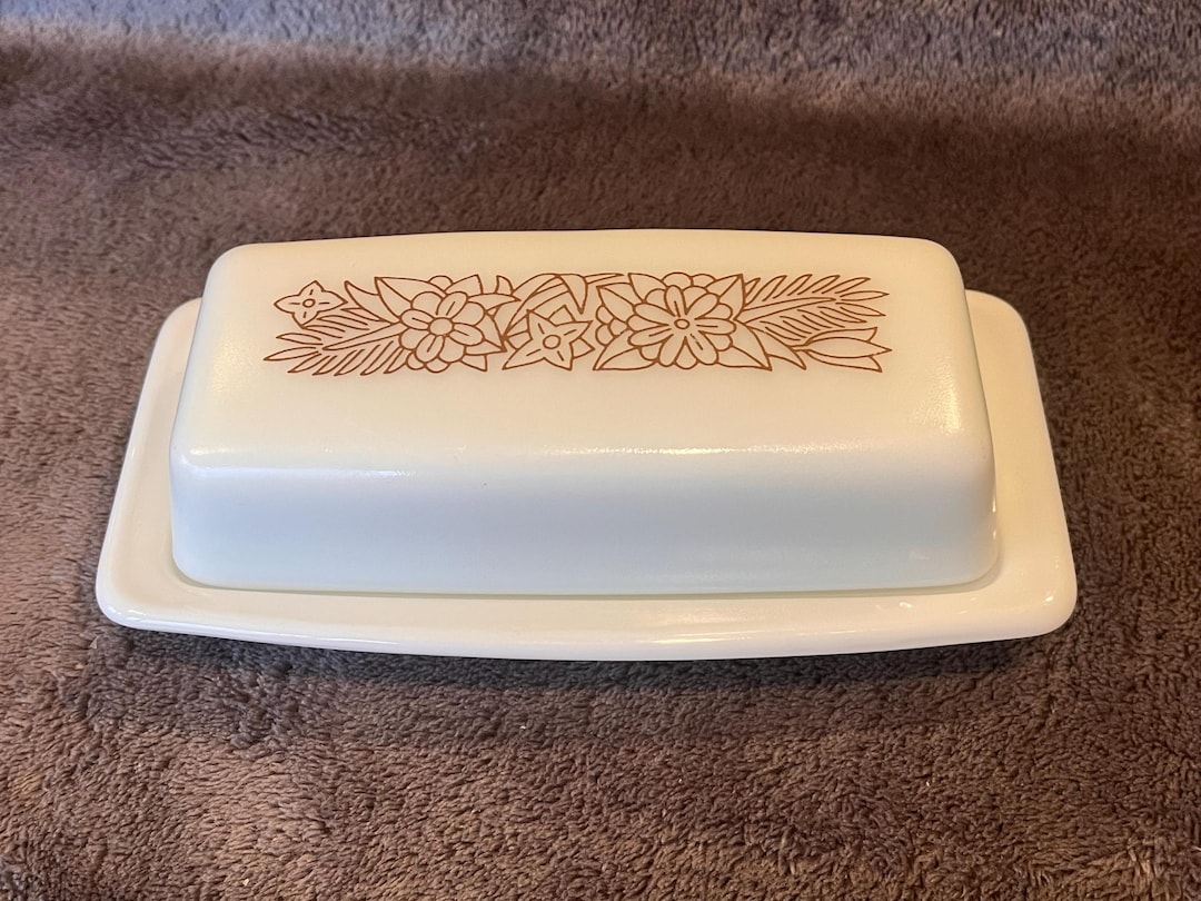 Butternut Pyrex Vintage Pyrex Woodland Butter Dish Featuring a Brown Floral Pattern on ...