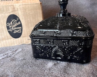 vintage Indiana Glass Bee Box Black Onyx honeycomb honey bee candy dish
