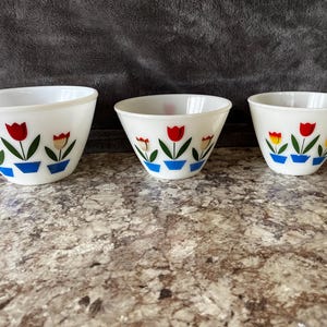 Vintage Fire King Tulip Mixing Bowl Set: Nesting Bowls, Grease Jar