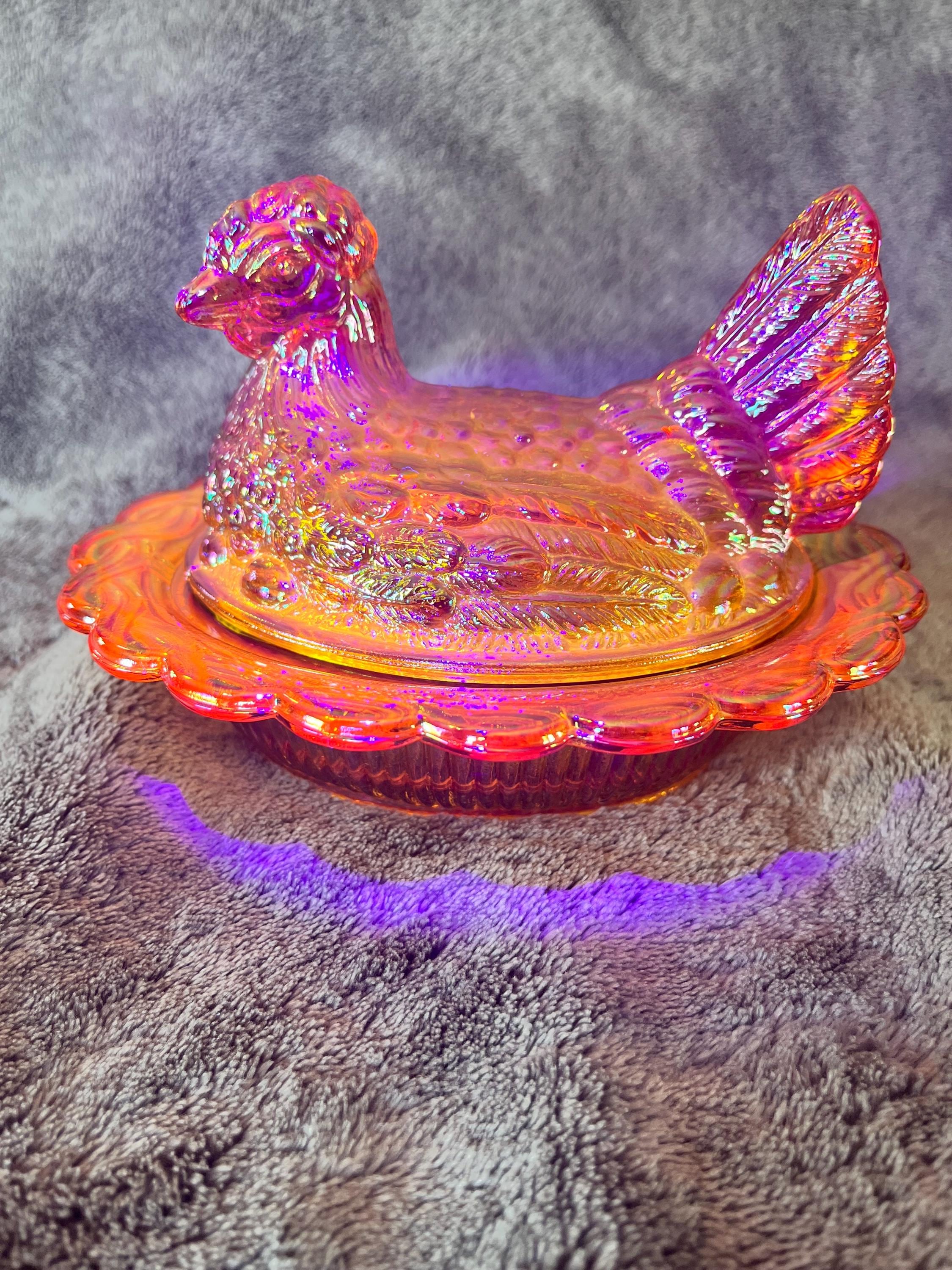 Mosser Marigold/amber Carnival Glass Hen on Nest – Ruffled Edge