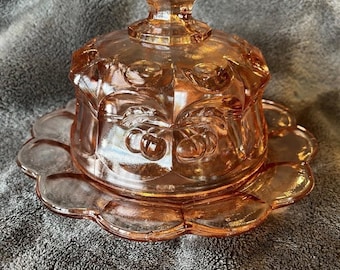 Mosser Glass Pink/Peach Cherry & Cable Thumbprint Cloche Butter Dish