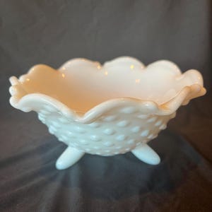 Fenton white hobnail milk glass 3 footed scalloped dish