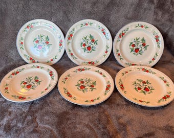 Juego de 6 platos de ensalada vintage Susana con estampado de fresas de Tabletops Unlimited.