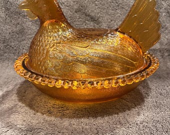 Vintage Indiana Glass Amber Hen on Nest Dish Stippled Nest