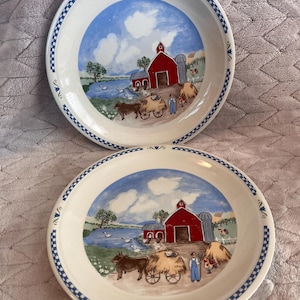 Vintage Thomson Pottery Barn dinner plates featuring a rustic farm scene discontinued