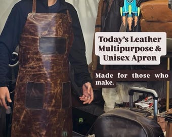 Könnte beinhalten: Eine braune Lederschürze mit Used-Optik, einer Brusttasche und zwei unteren Taschen. Die Schürze wird über einem schwarzen Langarmshirt getragen. Der Text auf dem Bild enthält "EXCLUSIVE", "Pope is here", "Today's Leather Multipurpose & Unisex Apron", "Made for those who make.", "#todaystelegram" und "#fromthehimalayas".