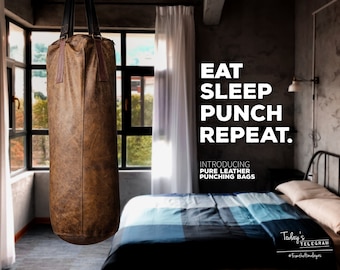 Könnte beinhalten: Ein brauner Boxsack aus abgenutztem Leder hängt von der Decke. Der Text EAT SLEEP PUNCH REPEAT. INTRODUCING PURE LEATHER PUNCHING BAGS ist auf der rechten Seite zu sehen, zusammen mit dem Text Today's TELEGRAM #Fromthehimalayas am unteren Rand.