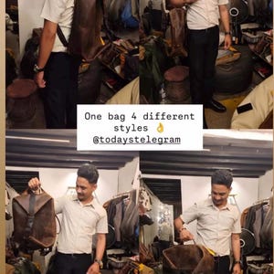 K&ouml;nnte beinhalten: Ein brauner Lederrucksack mit Klappverschluss und schwarzen Riemen, dargestellt in vier verschiedenen Tragevarianten. Der Text "One bag 4 different styles" ist zentriert und der Hashtag "#fromthehimalayas" befindet sich am unteren Rand.