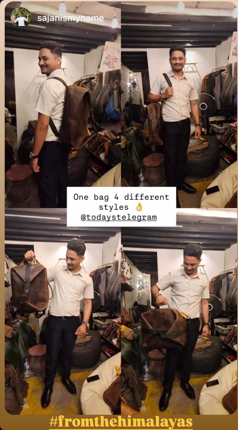 K&ouml;nnte beinhalten: Ein brauner Lederrucksack mit Klappverschluss und schwarzen Riemen, dargestellt in vier verschiedenen Tragevarianten. Der Text "One bag 4 different styles" ist zentriert und der Hashtag "#fromthehimalayas" befindet sich am unteren Rand.