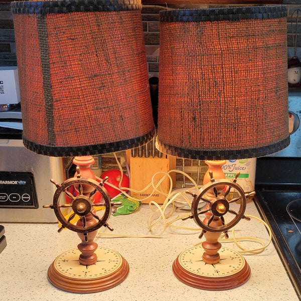 Vintage Nautical Ship Wheel and Compass Wood and Metal Lamp Set of 2