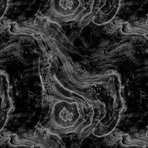 May include: Abstract black and white pattern with swirling, organic shapes resembling wood grain or marble. The design features a high contrast between dark and light areas, creating a textured, almost topographical effect.
