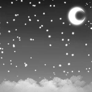 Puede incluir: Una luna creciente brilla intensamente en un cielo nocturno oscuro, rodeada de una dispersión de estrellas blancas.