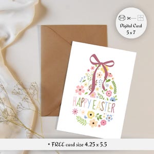 Uovo di Pasqua floreale stampabile con fiocco marrone, biglietto di Pasqua colorato, stampabile di Buona Pasqua, biglietto di auguri, download immediato, biglietto PDF