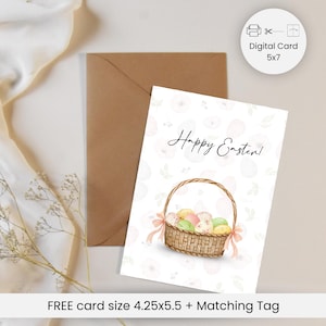 Biglietto di auguri con cestino di uova di Pasqua e fiocchi rosa, fiocco rosa Coquette, biglietto di auguri di buona Pasqua, stile acquerello, biglietto PDF con download immediato