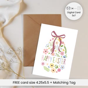 Uovo di Pasqua floreale stampabile con fiocco marrone, biglietto di Pasqua colorato, stampabile di Buona Pasqua, biglietto di auguri, download immediato, biglietto PDF