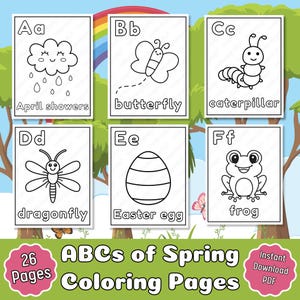 Páginas para colorear del ABC de la primavera / Hojas de trabajo de aprendizaje temprano para niños pequeños / Reconocimiento de letras / Imprimible al instante / Diversión educativa sencilla