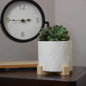 Può includere: Un vaso cilindrico bianco con un motivo a rombi, contenente una pianta succulenta verde. Il vaso è posizionato su un supporto beige. Sullo sfondo un orologio con cornice nera e quadrante bianco.