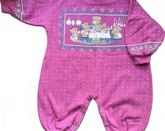 Vintage 90s Spumoni Teddy Bear Baby Romper Pink Fleece 18M Made USA
