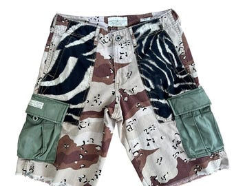 Pantalones cortos cargo Ralph Lauren Patchwork para hombre, talla pequeña, estampado de camuflaje y cebra, estilo urbano y militar vintage.