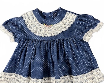 Vintage Sears Baby Dress & Bloomers Set Blue Polka Dot Lace Toddler Outfit