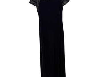 Vintage Black Velvet Maxi Dress Floral Lace Gothic Evening Dress Medium