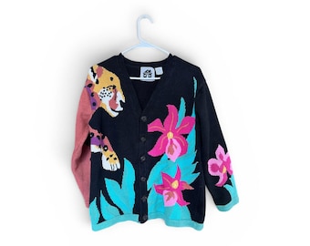 Zeldzaam vintage verhalenboek gebreid vest luipaard bloemen jungle jaren 90 trui dames klein statement gebreid