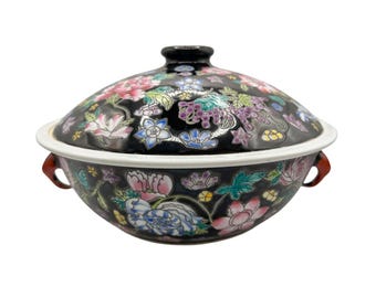 Vintage Chinese Famille Noire Mille Fleur Porcelain Tureen Jingdezhen Floral Lidded Bowl Chinoiserie Decor
