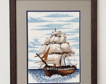 Vintage Framed Sailing Ship Cross Stitch Nautical Wall Art Coastal Home Decor