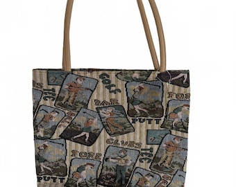Vintage Golf Tapestry Tote Bag, Braciano Woven Golfer Purse, Golf Lover Gift