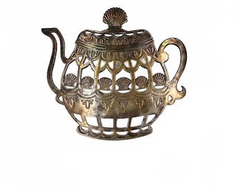 Vintage Silverplate Teapot Trivet Wall Hanging Tea Kitchen Cottage Decor
