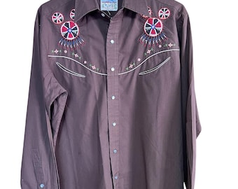 Vintage Kennington Rocking Rancher Brown Men's Western Pearl Snap Up Dress Shirt