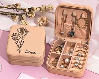 Personalized Jewelry Box With Name,Custom Birth Flower Jewelry Box,Jewelry Case Gifts For Women,Bridesmaid Gifts,Birthday Gifts,Mother's Day