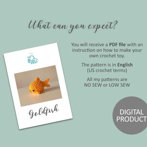 May include: A digital download for a crochet goldfish pattern. The pattern is written in English using US crochet terms. The pattern is for a no-sew or low-sew project.