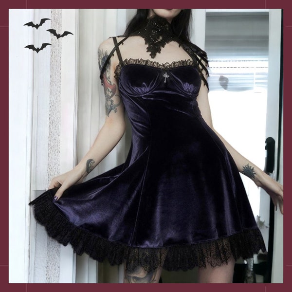 E-girl Gothic Black Purple Lace Trim A-line Dress Grunge Punk Emo Style Velvet Mini Dress Women Sleeveless Summer Bodycon Rock Vibes