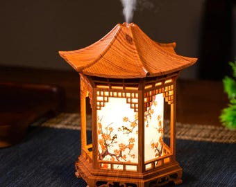 Chinese Style Pavilion Humidifier Night Light – Wood Grain Aroma Diffuser – Dark or Light Wood – Mini Desk & Bedroom Decor