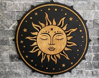 Wooden Sun and Moon Wall Hanging, Celestial Decor