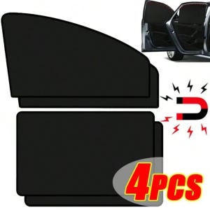May include: Four black car window sunshades are displayed. The sunshades are rectangular and designed to fit car windows. The image also shows a car with a sunshade installed. The text "4Pcs" is visible.