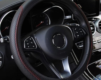 Car Steering Wheel Cover – Microfiber Anti-Slip Cover – Breathable Wheel Protector 37–39cm (14.5”–15.3”) – Black, Red & Blue Trim