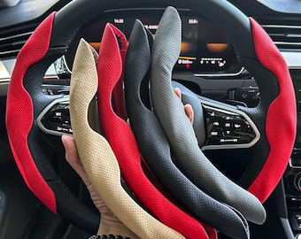 Car Steering Wheel Grip Covers (2PCS) – Anti-Slip Ventilated Pads – Universal D-Shape & Round Wheels 15” – Sweat Absorbing